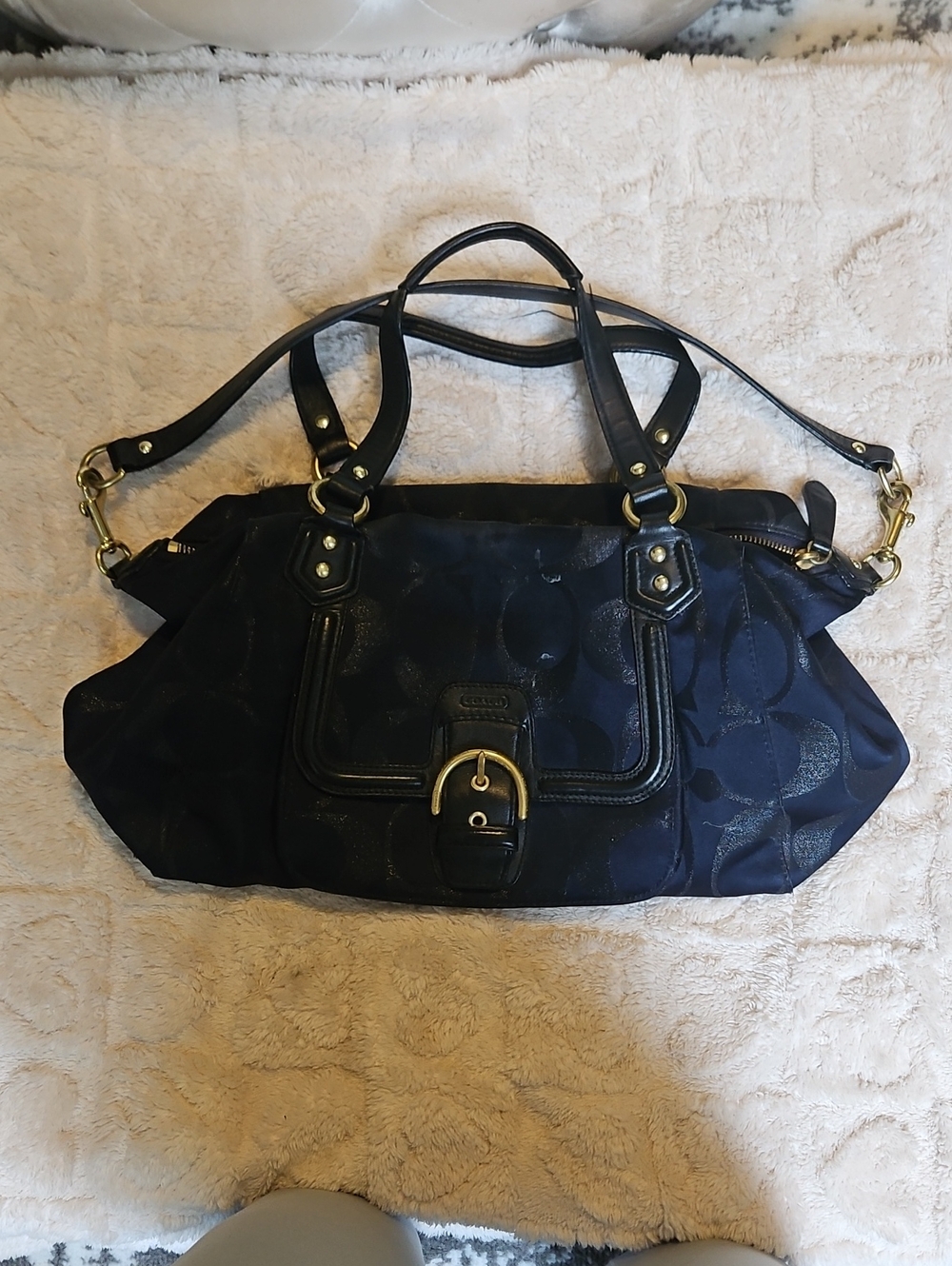 Coach Navy Signature Jacquard Shoulder Bag with Buckle Detail